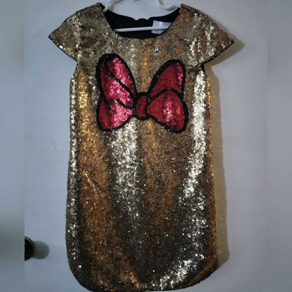 Girls Disney Minnie Mouse Gold Sequin Shift Dress - Picture 2 of 16